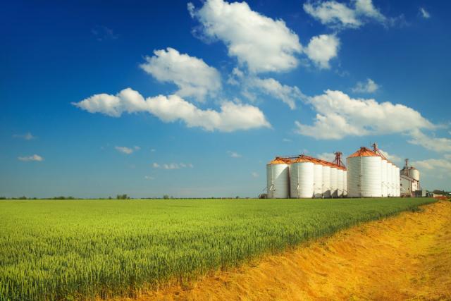 Agricultural silos under blue sky, in the fields